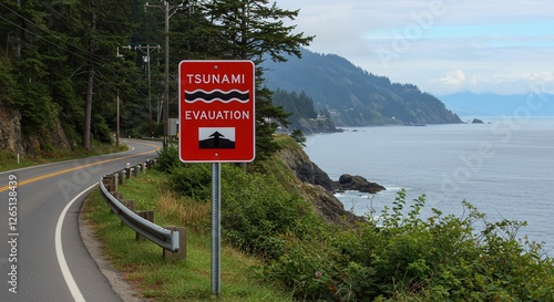 Tsunami Evacuation Route Sign on Coastal Highway with Ocean View