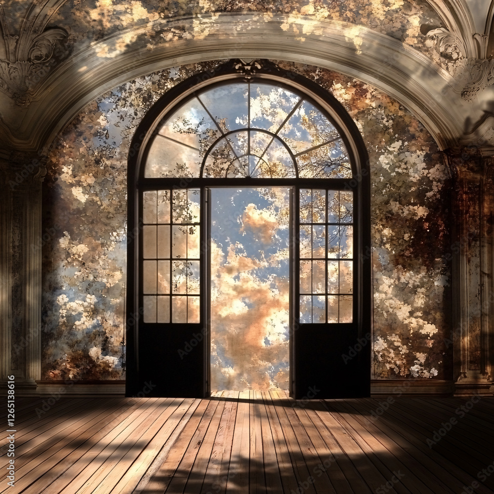Ornate archway frames a sky of clouds, flooding a wooden floor in soft, dappled light within an antique room. Ornate archway frames a sky of clouds, flooding a wooden floor in soft, dappled light within an antique room.