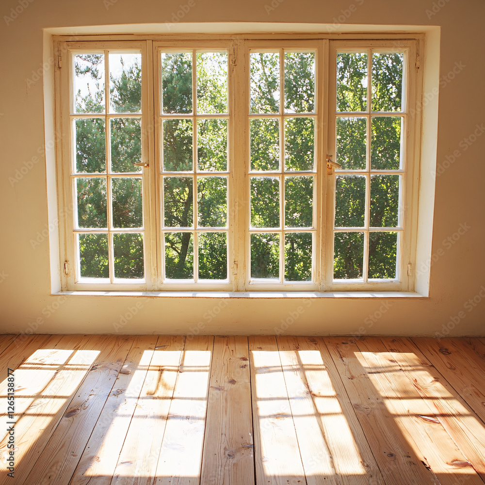 Fototapeta premium Sunlight streams through a multi-paned window, casting geometric shadows on a wooden floor in an otherwise empty room.