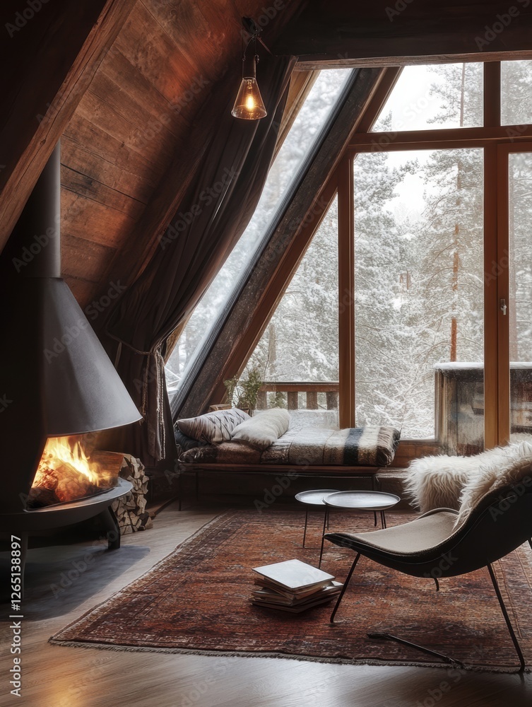 Cozy winter cabin interior featuring a fireplace and snowy scenery Cozy winter cabin interior featuring a fireplace and snowy scenery