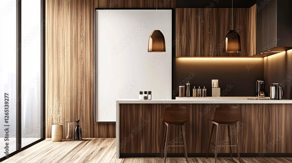 Wood-paneled kitchen featuring pendant lights, bar stools, and a large blank frame next to a bright window. Wood-paneled kitchen featuring pendant lights, bar stools, and a large blank frame next to a bright window.