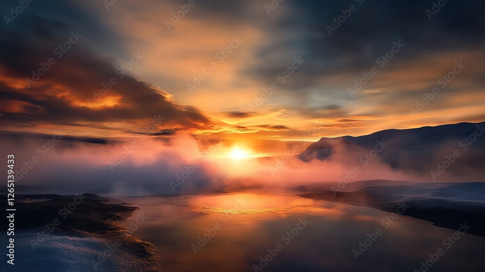 Fototapeta premium Breathtaking sunset over a misty lake with dramatic clouds and shimmering reflections.