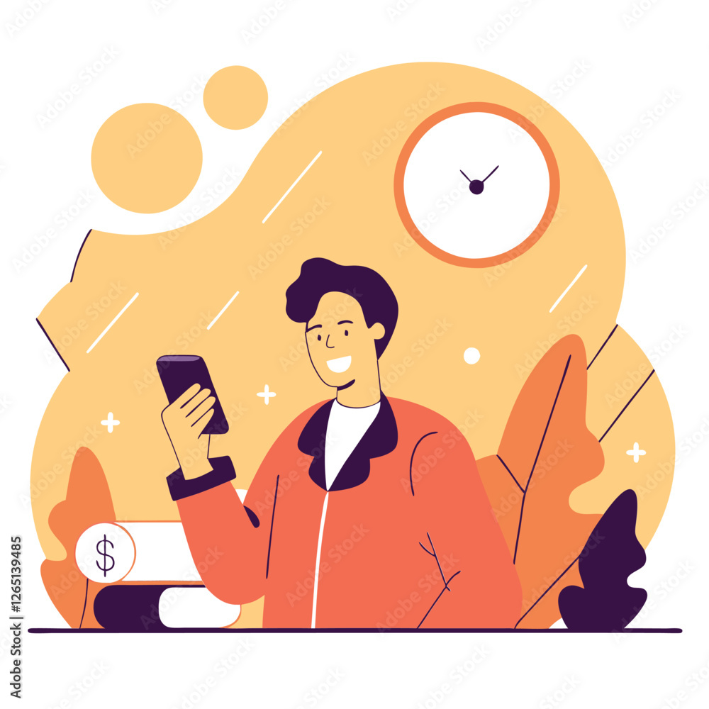 Fototapeta premium A young man with light skin representing a modern professional holds a smartphone against a colorful abstract background.