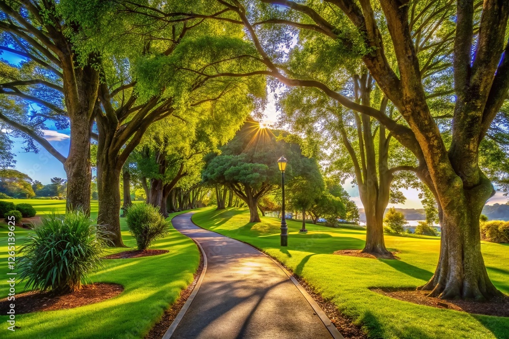 Serene Walkway Through Rotorua City Park, New Zealand - Stock Photo Serene Walkway Through Rotorua City Park, New Zealand - Stock Photo