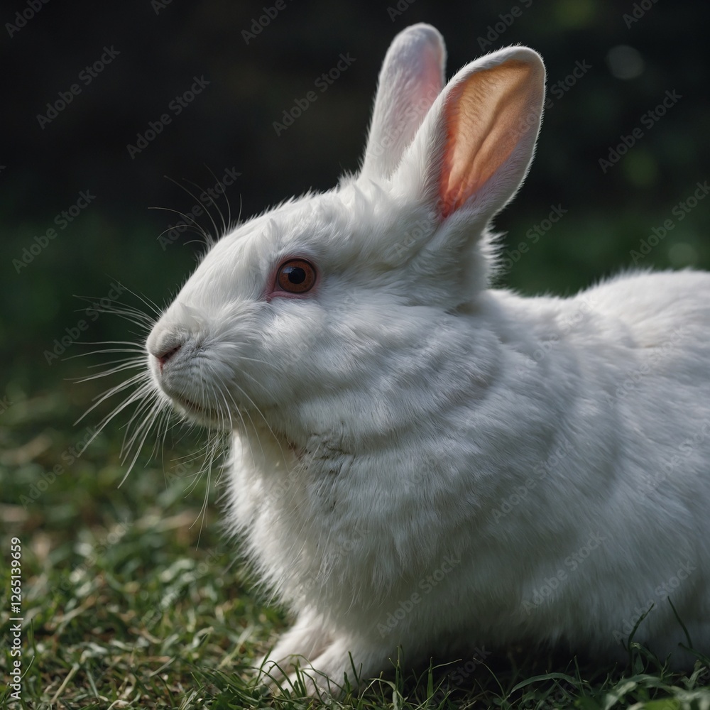 Fototapeta premium A white rabbit tilting its head to one side, appearing curious.