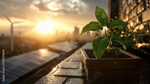 Closeup Of Small Plant Waving In Air, Windmills And Solar Panels Visible In Blur Background At Sunset