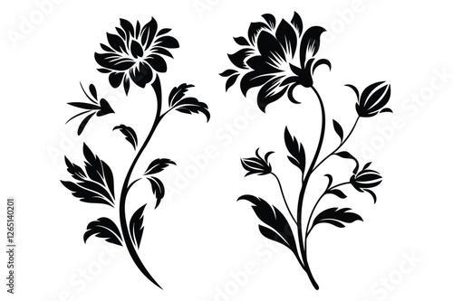 black and white flowers-silhouette-vector-white-background
