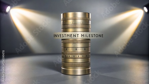 Investment Milestone Concept with Metallic Cylinder and Spotlight Background