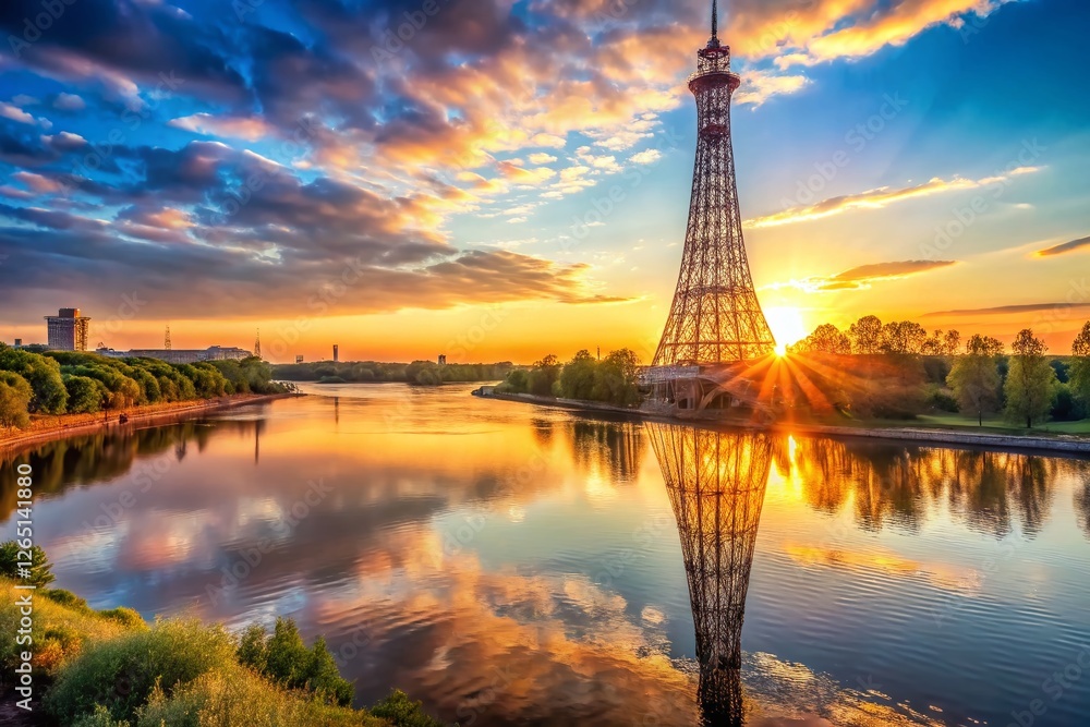 Obraz premium Shukhov Tower Oka River Sunrise - Panoramic High-Resolution Stock Photo