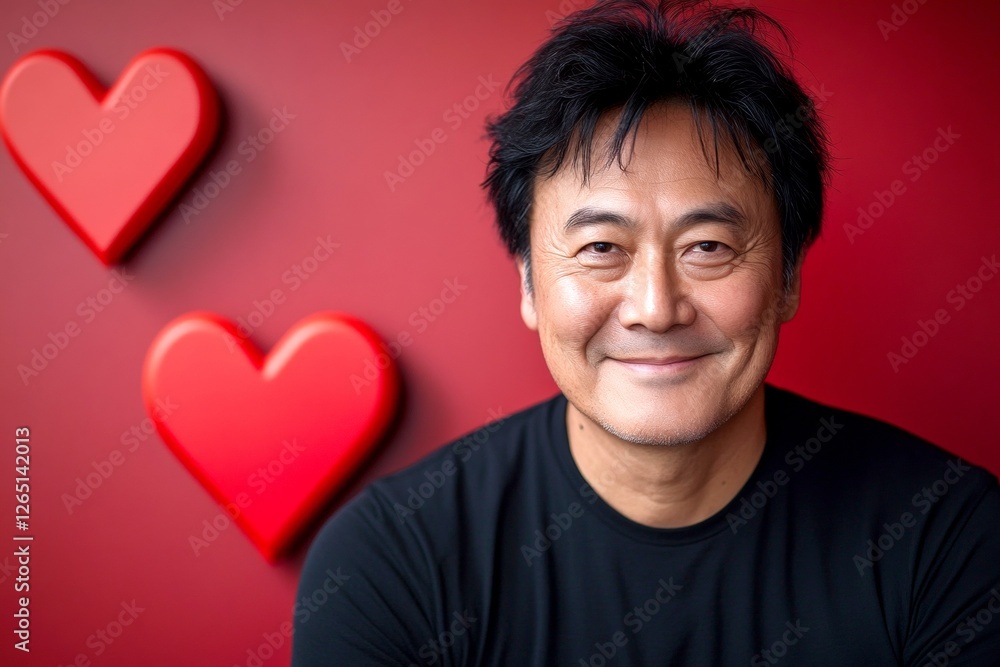 Commercial promotion visual idea. Love confession. Valentine's day greeting from man or for man: remarkable dazzling, image of loving asian midlife man. Stylish man in love. Husband love. Commercial promotion visual idea. Love confession. Valentine's day greeting from man or for man: remarkable dazzling, image of loving asian midlife man. Stylish man in love. Husband love.