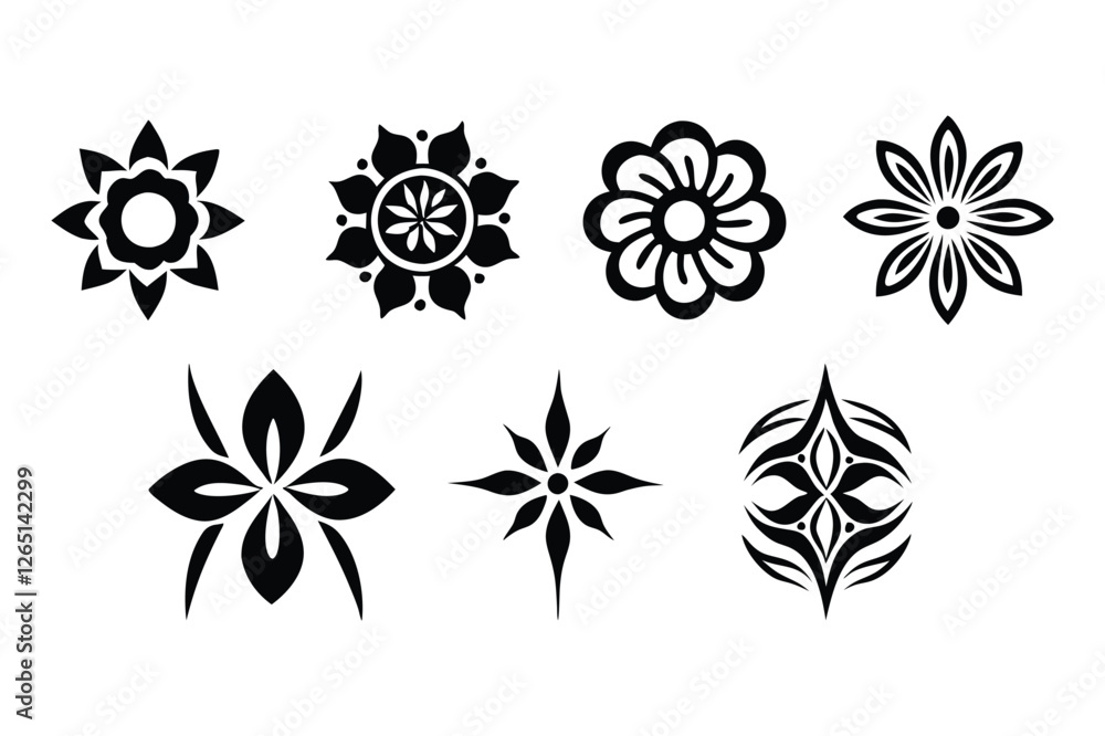 Fototapeta premium set of black and white flowers, diverse-sets-of-tattoo-style-vector-illustrations-