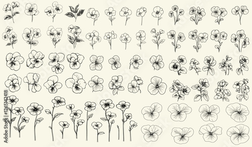Stylized black line art of violets for vintage wedding invitations, elegant stationery, botanical floral branch, trendy greenery, perfect for personalized decor, classic branding, wedding logos