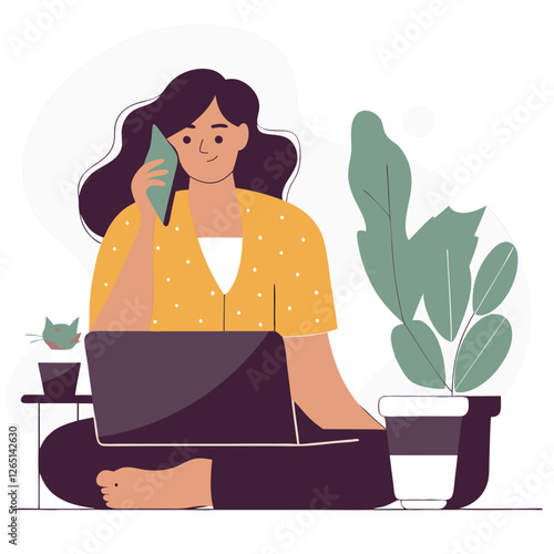 A woman of ambiguous ethnicity, peacefully sitting with plants. She holds a phone gracefully, wearing a blue shirt with polka dots. The illustration captures tranquility.