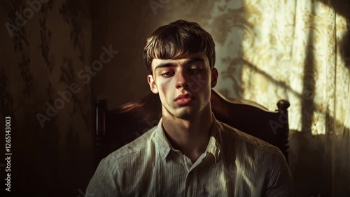 A young male sits solemnly in a dimly lit room, illuminated by soft natural light filtering through a curtain, creating a contemplative atmosphere.