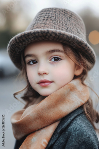 Little fashionista in stylish hat and scarf enjoys winter day photo