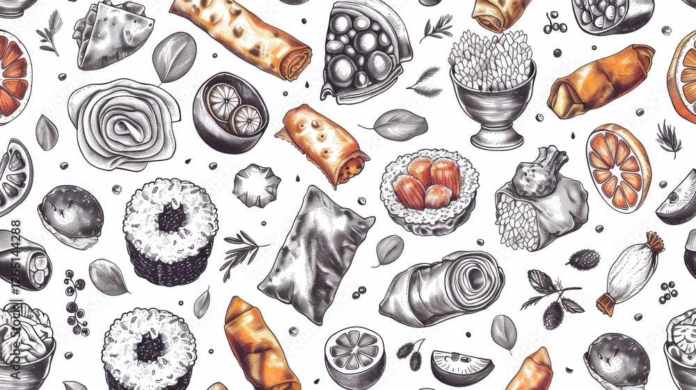 Hand-drawn rough pattern of popular Thai dishes like beef salad, Pad See Ew, and coconut ice cream. Vector isolated on white background for restaurant banners Hand-drawn rough pattern of popular Thai dishes like beef salad, Pad See Ew, and coconut ice cream. Vector isolated on white background for restaurant banners