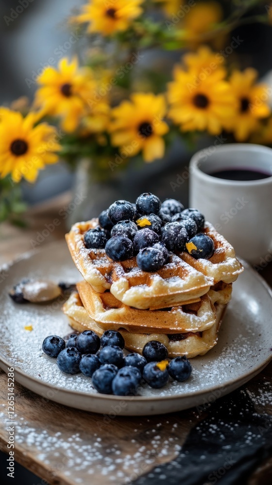 Delicious waffles topped with fresh blueberries and powdered sugar next to coffee Delicious waffles topped with fresh blueberries and powdered sugar next to coffee