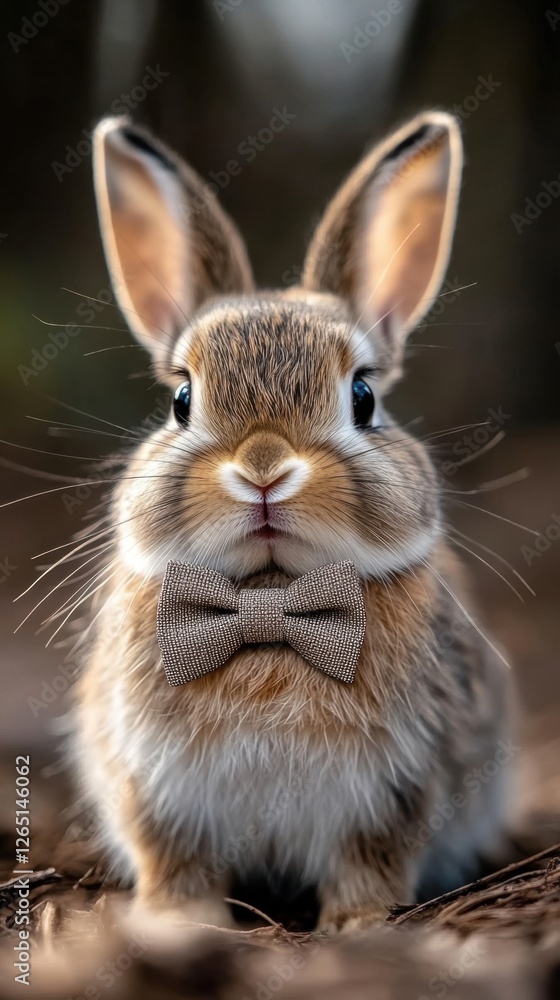 Fototapeta premium Charming bunny with bow tie in natural setting. Rabbit Week