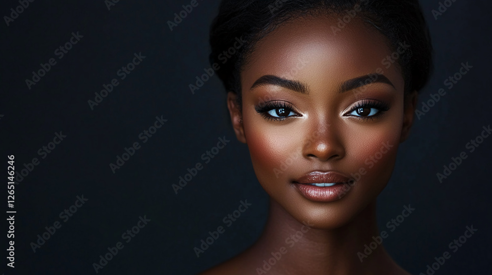 Close-up portrait of a young woman with flawless skin and natural makeup, showcasing beauty, elegance, and confidence with soft lighting and a dark background. Close-up portrait of a young woman with flawless skin and natural makeup, showcasing beauty, elegance, and confidence with soft lighting and a dark background.