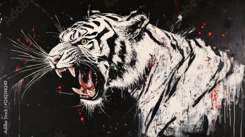 Tiger roars ferociously, artwork splash with dark backdrop, ideal for wild animal themes photo