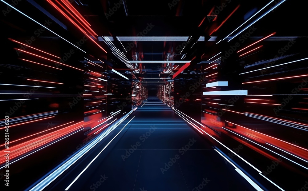 Fototapeta premium Dynamic Neon Light Trails Flying Through a Futuristic Tunnel with an Energetic Feel