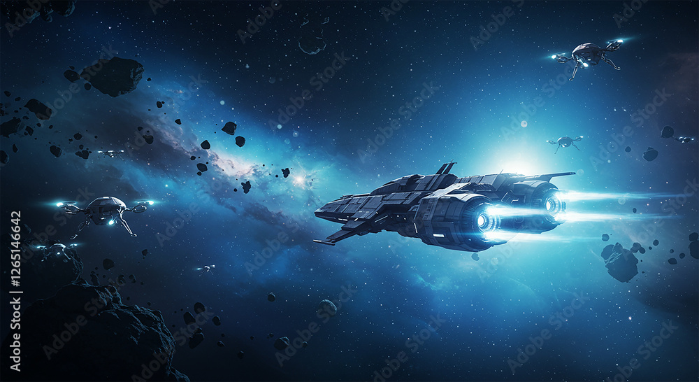 Fototapeta premium Futuristic Spaceship on the Moon’s Surface Under a Galactic Sky with Distant Earth, Sci-Fi Space Exploration VFX Wallpaper