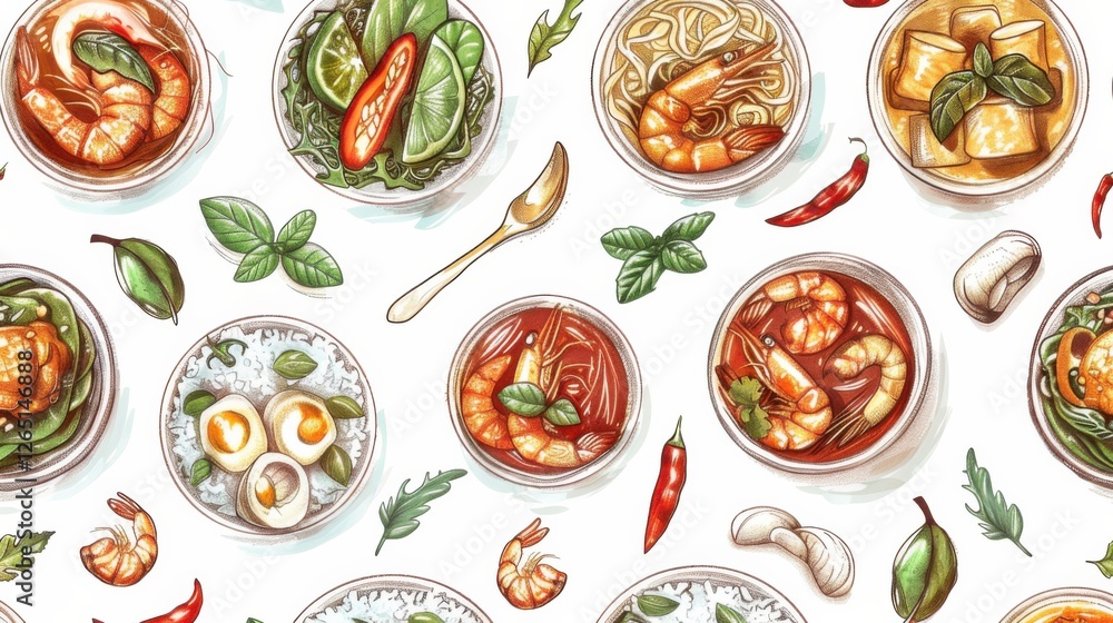 Hand-drawn rough pattern of popular Thai dishes like beef salad, Pad See Ew, and coconut ice cream. Vector isolated on white background for restaurant banners Hand-drawn rough pattern of popular Thai dishes like beef salad, Pad See Ew, and coconut ice cream. Vector isolated on white background for restaurant banners