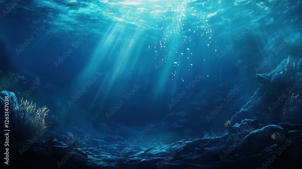 Obraz premium Illustration of blue sea underwater with air bubbles