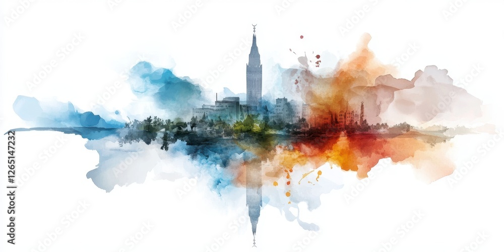 Obraz premium Abstract watercolor cityscape with vibrant colorful skyline reflection. Yom HaZikaron