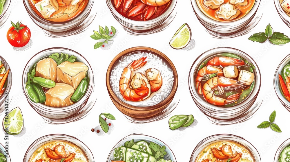 Hand-drawn rough pattern of popular Thai dishes like beef salad, Pad See Ew, and coconut ice cream. Vector isolated on white background for restaurant banners Hand-drawn rough pattern of popular Thai dishes like beef salad, Pad See Ew, and coconut ice cream. Vector isolated on white background for restaurant banners