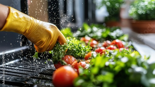 Fresh harvest cooking with tomatoes and herbs in kitchen setting. National Pest Management Month
