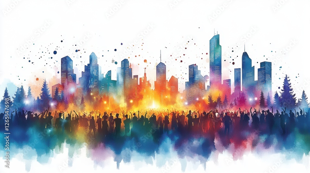 Obraz premium Vibrant cityscape with silhouetted crowd and colorful lights for event promotion. Ultra Music Festival