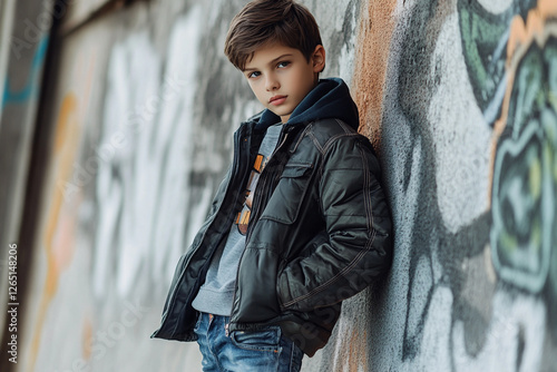 Stylish boy in jeans and jacket stands near wall with graffiti photo