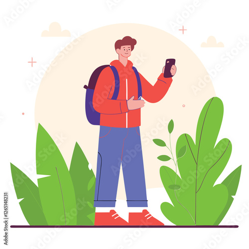 A caucasian individual stands amidst lush plants, capturing a moment on their phone. The scene reflects a harmonious blend of technology and nature.