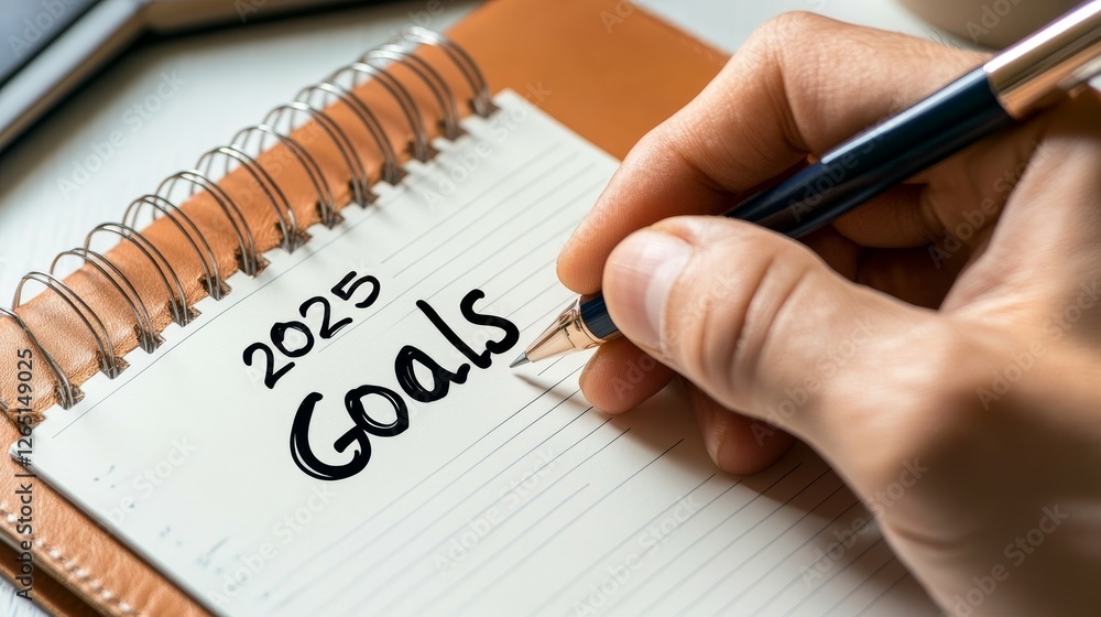 A close-up of a hand writing '2025 Goals' in a notebook on a wooden desk with a coffee cup nearby A close-up of a hand writing '2025 Goals' in a notebook on a wooden desk with a coffee cup nearby