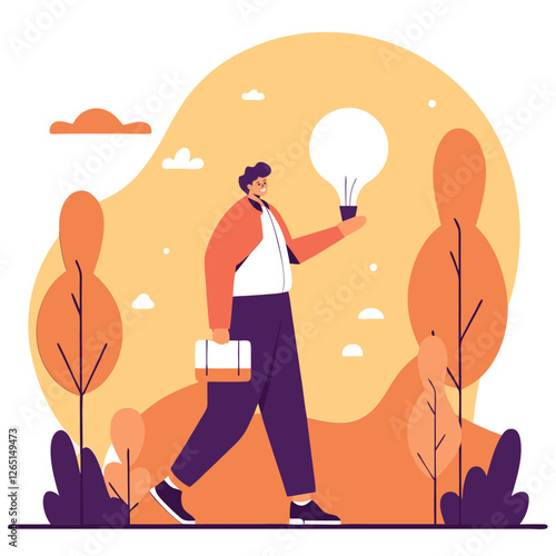 A man of European descent walks through a stylized landscape, holding a balloon. The scene features trees and abstract clouds in a colorful, modern illustration.