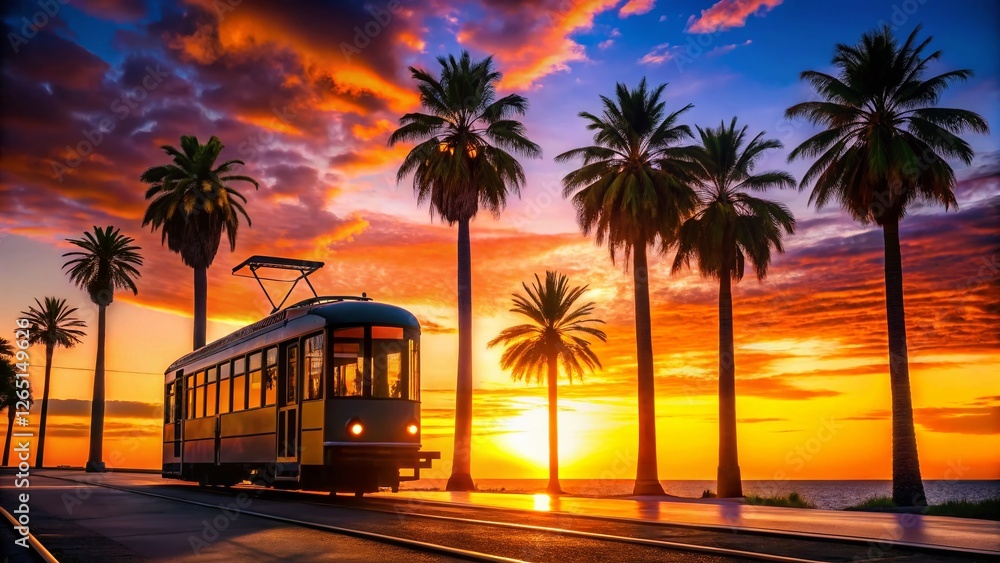 Obraz premium Silhouette of Vibrant Tram Against a Tropical Sunset