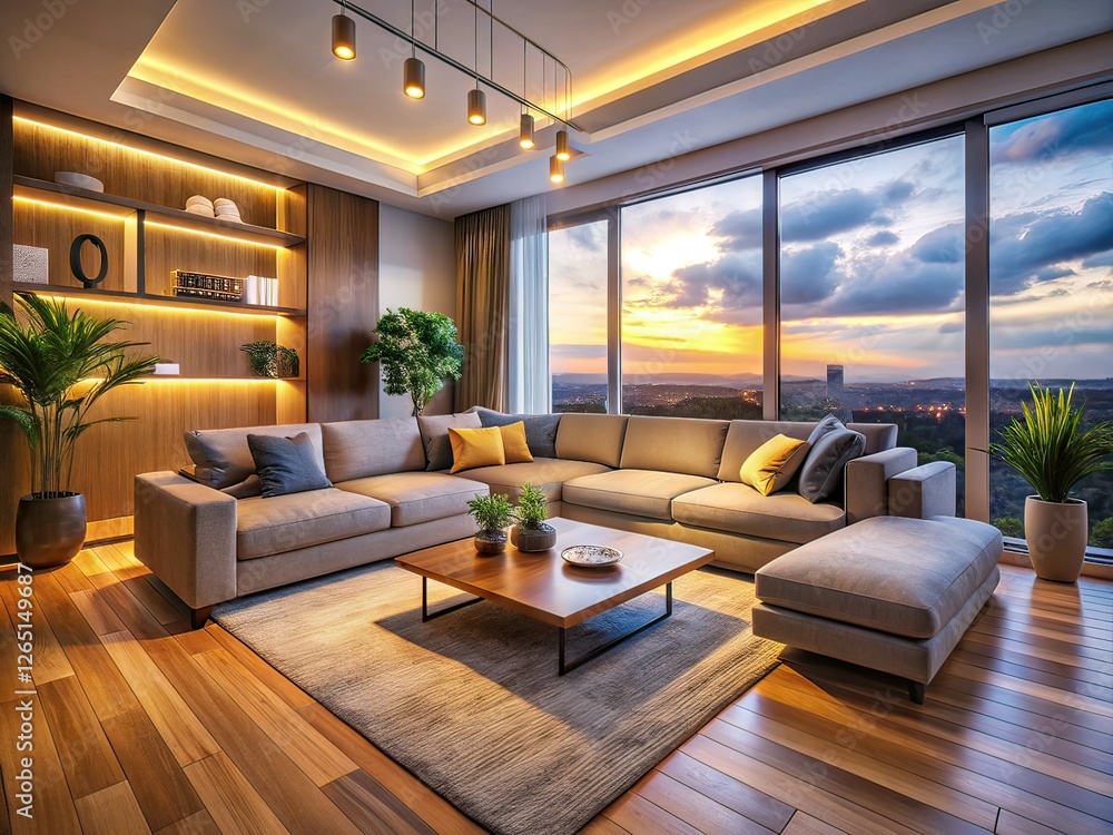 Fototapeta premium Modern Minimalist Living Room AI Photo, Cozy Modular Sofa, Warm Lighting, Panoramic View