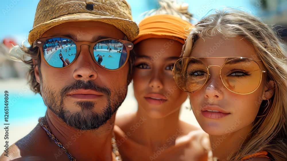 A happy family of three taking a selfie at a tropical beach A happy family of three taking a selfie at a tropical beach