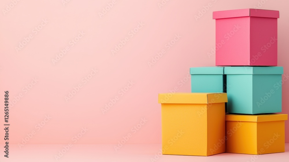Obraz premium Colorful Gift Boxes Stacked on a Soft Pink Background for Decor