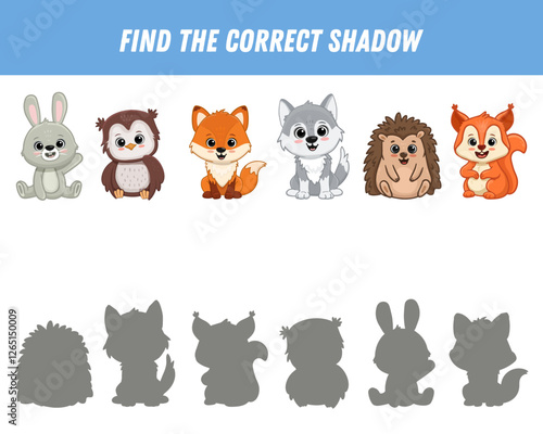 Find correct shadow of cute animals. Wolf, fox, bunny, hedgehog, squirrel, owl. Educational logical game for kids. Cartoon forest animals. Vector