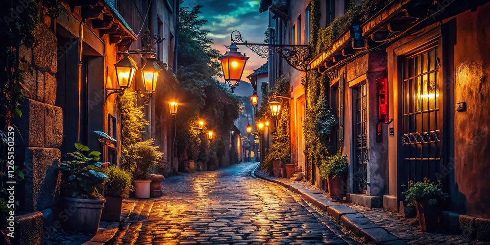 Fototapeta premium Silhouette Photography: Romantic Cobblestone Alleyway at Night with Hanging Lanterns