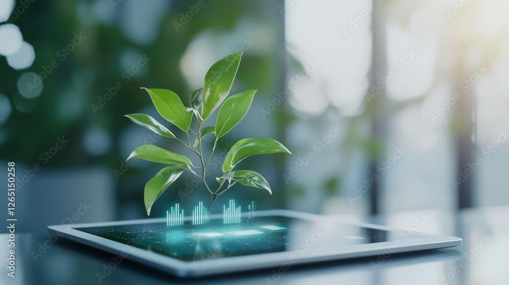Holographic ESG Investment Strategy on Modern Tablet Display Holographic ESG Investment Strategy on Modern Tablet Display