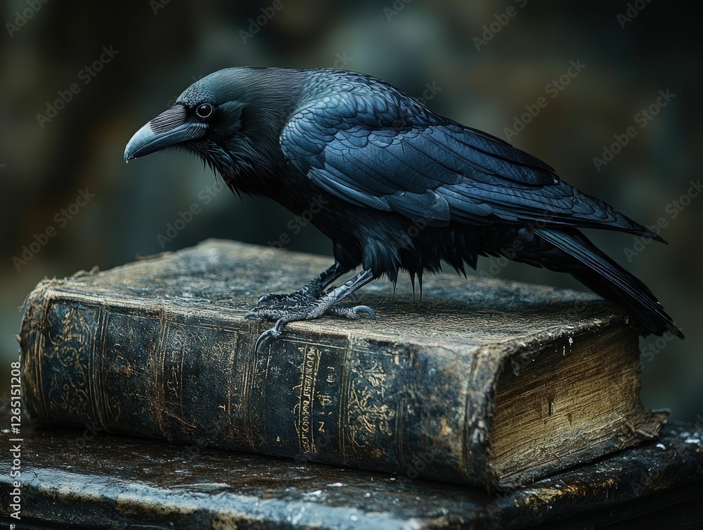 Naklejka premium Dark raven perched antique book, mystical scene.