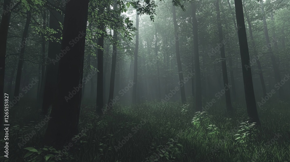 Obraz premium Serene Misty Forest with Tall Trees and Lush Green Grass Underneath Soft Light and Surrounding Fog