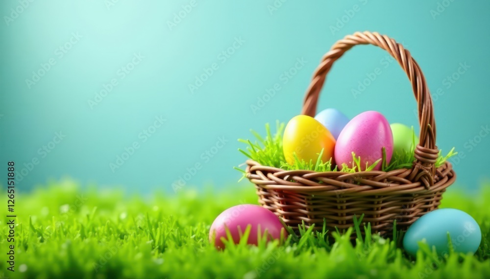 Brightly colored eggs nestled in a woven basket, green grass , colorful, candy Brightly colored eggs nestled in a woven basket, green grass , colorful, candy