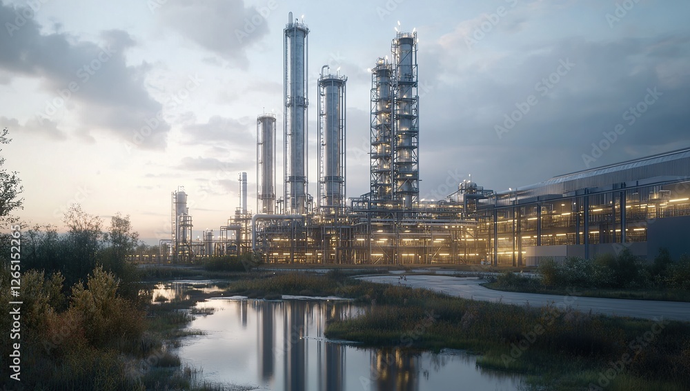 Fototapeta premium A photorealistic rendering of an industrial gas plant with tall metal towers and large buildings