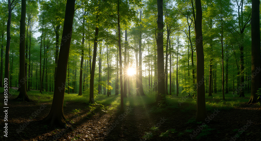 Obraz premium Sunlight Through Green Forest Canopy