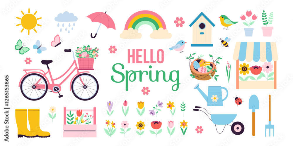 A colorful poster with a bicycle, umbrella, and other items that says A colorful poster with a bicycle, umbrella, and other items that says