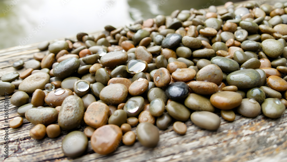 River Stones on Wood: Smooth, water-worn river stones in shades of brown, green, and black, glistening with water droplets, rest on weathered grey wood. River Stones on Wood: Smooth, water-worn river stones in shades of brown, green, and black, glistening with water droplets, rest on weathered grey wood.